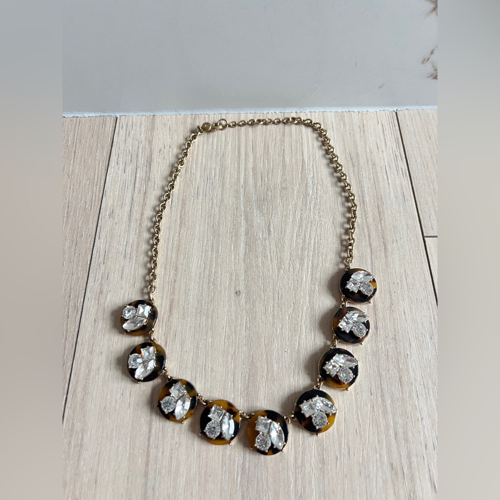 J Crew Necklace Adjustable Gold Tone Tortoise Acrylic Crystal Statement